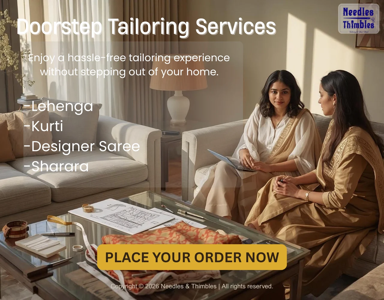 Doorstep stitching service by Needles & Thimbles with designer consultation and custom tailoring at home